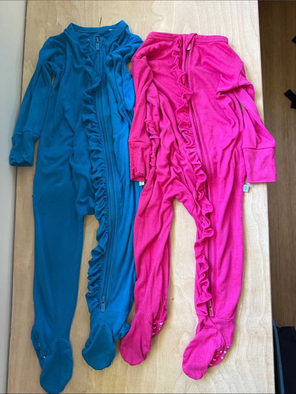 Posh Peanut Ruffle Front Footed One-Piece - Teal and Hot Pink